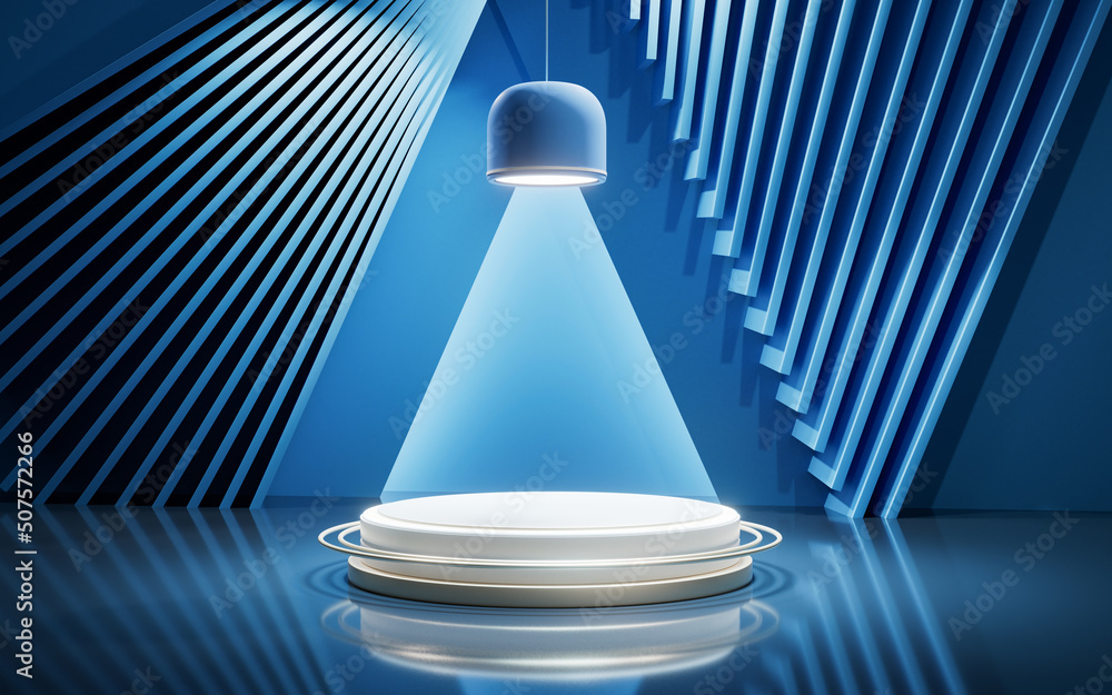 Poster blue empty room with geometry structure, 3d rendering.