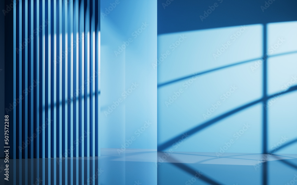 Poster blue empty room with geometry structure, 3d rendering.