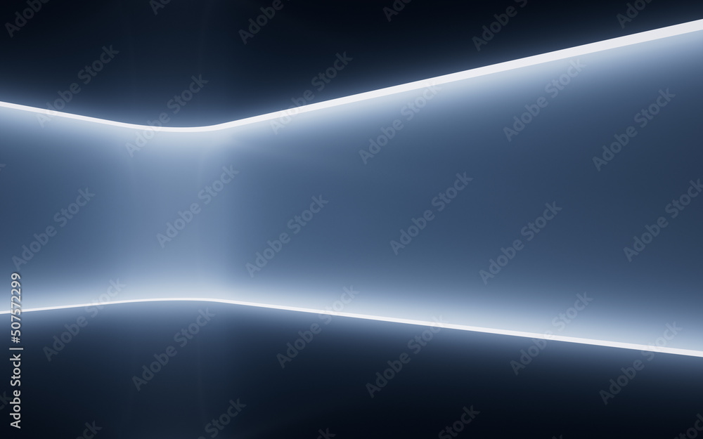 Poster empty dark room with glowing lines effect, 3d rendering.