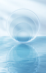 Glass geometry on the water surface, 3d rendering.