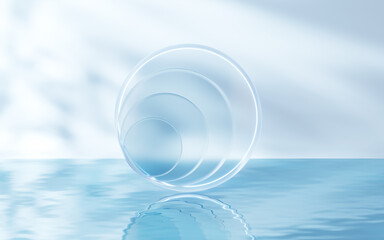 Glass geometry on the water surface, 3d rendering.
