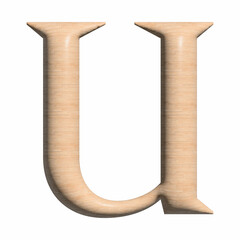 3D Wood capital U letter illustration on white background