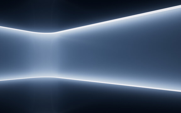 Empty dark room with glowing lines effect, 3d rendering.