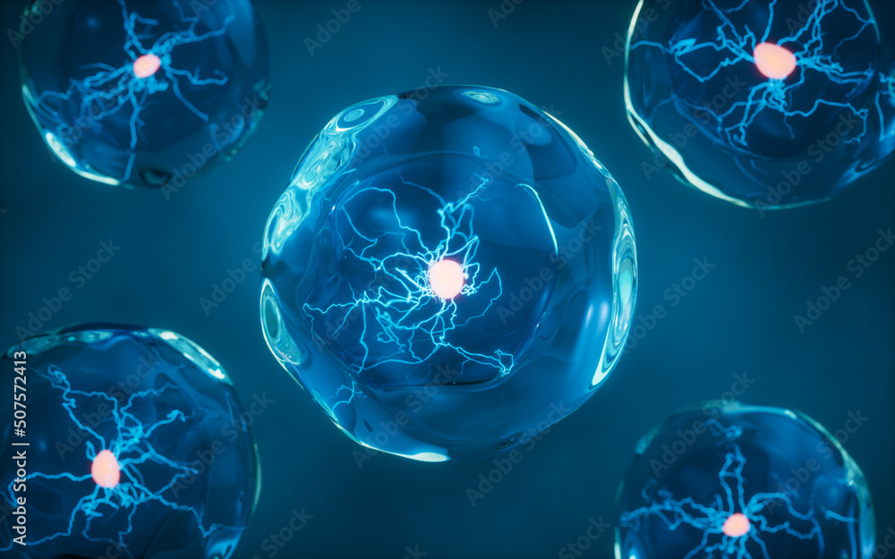 Poster transparent cell with glowing nucleus inside, 3d rendering.