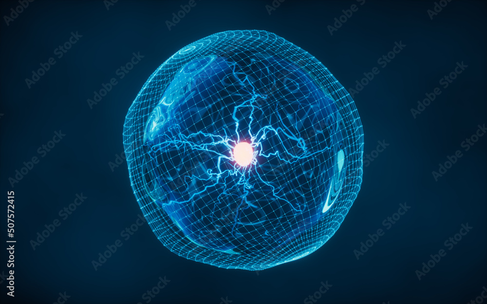 Poster transparent cell with glowing nucleus inside, 3d rendering.
