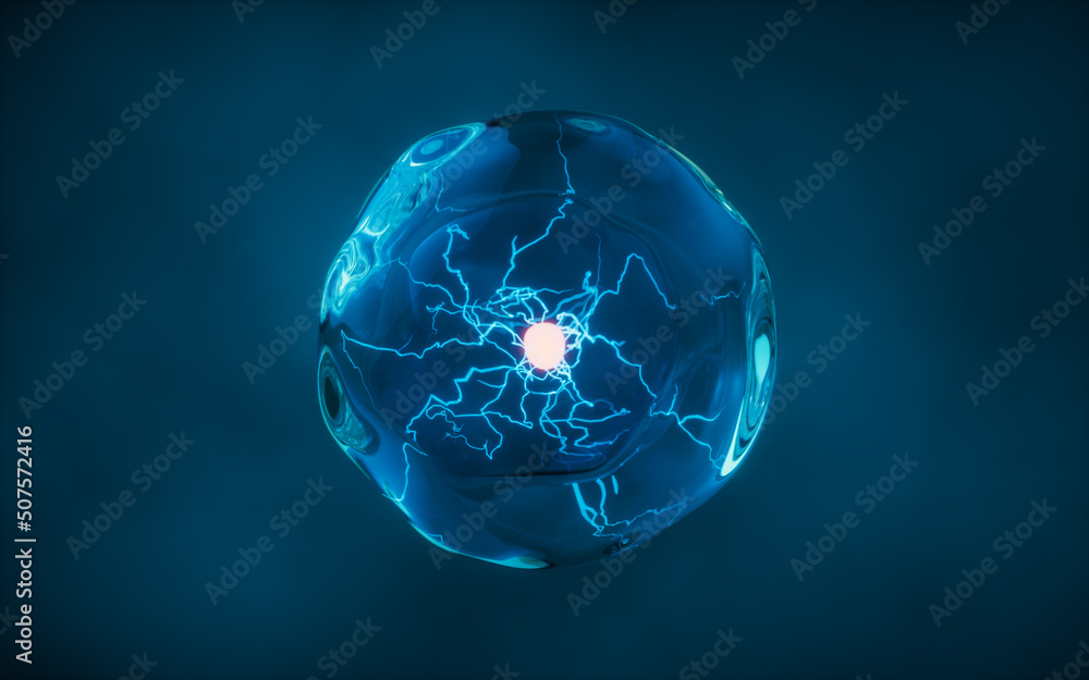 Poster transparent cell with glowing nucleus inside, 3d rendering.