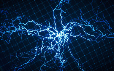 Blue lightning with dark background, 3d rendering.