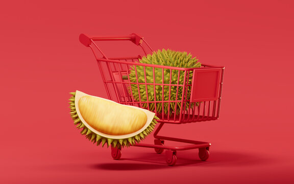 Durian with shopping cart, 3d rendering.