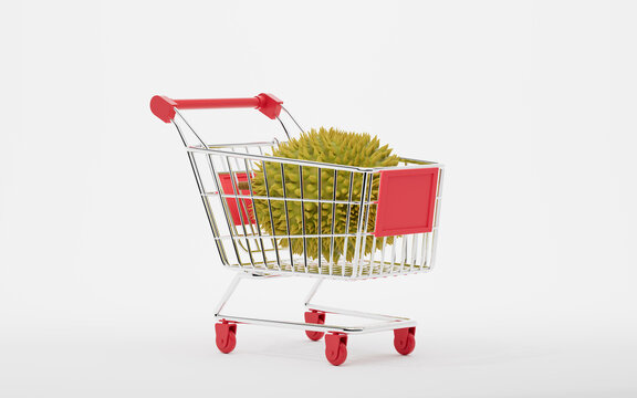 Durian with shopping cart, 3d rendering.
