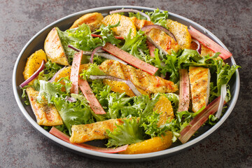 Fresh summer salad of grilled chicken, rhubarb, lettuce, onions and oranges close-up on a plate on the table. horizontal