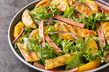 Dietary light salad of grilled chicken, rhubarb, lettuce, onions and oranges close-up on a plate on the table. horizontal
