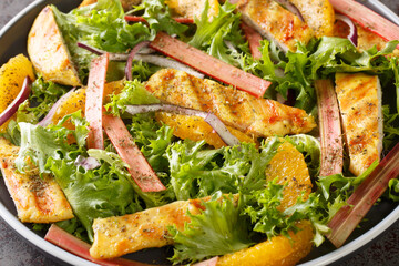 Summer salad of fried chicken, rhubarb, lettuce, onions and oranges close-up on a plate on the table. horizontal