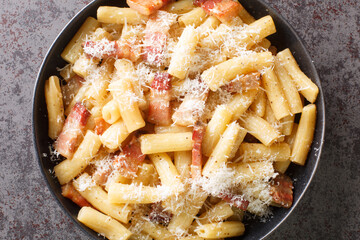 Pasta alla Gricia typical italian pasta with pecorino cheese and guanciale closeup in the plate on the table. Horizontal top view from above