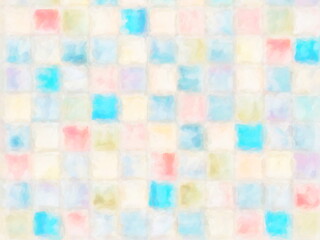 Blurred abstract painting with colorful tile patterns.