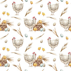 Watercolor seamless pattern with hens, chickens and eggs. Farm, rural background with poultry and baskets with eggs. Organic eggs, field herbs texture for farm products design.
