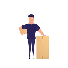 Man with a box. Delivery concept. Isolated on white background. Vector illustration.
