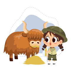 little zookeeper girl with Yak.vector cartoon character illustration.animal lover.zoo concept