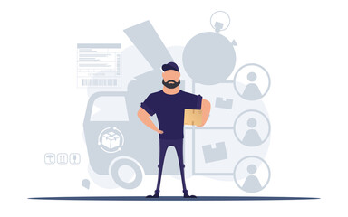 The guy with the box. Delivery concept. Good for presentations, websites and apps. Vector.