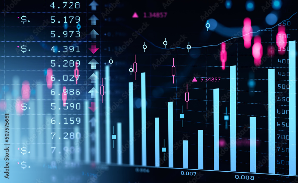 Poster forex graph lines and bars with candlesticks and numbers