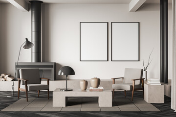 Chill room interior with armchairs and decoration, coffee table and mockup frames