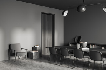 Grey living room interior with table and shelf, decoration and mockup