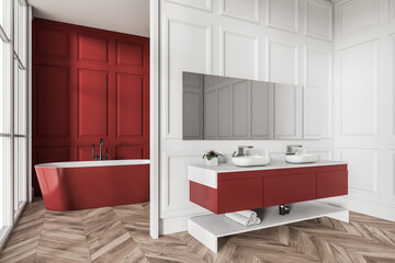 Modern bathroom interior with double sink and tub, colored design