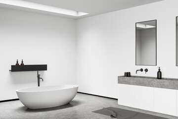 Obraz na płótnie Canvas Light bathroom interior with bathtub and sink. Mockup empty wall