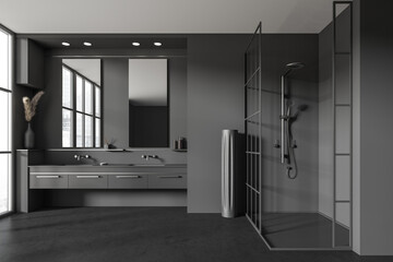 Modern bathroom interior with sink and douche, decoration and window