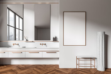 Fototapeta na wymiar Light bathroom interior with washbasin and panoramic window. Mockup frame