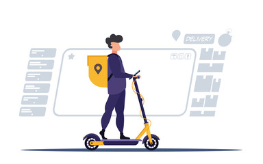 Delivery concept. The courier rides on an electric scooter. Dynamic vector flat illustration.