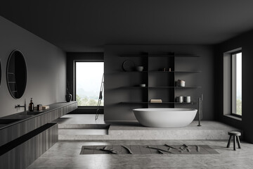Grey bathroom interior with bathtub and sink, decoration and window