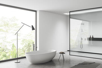 Fototapeta na wymiar Light bathroom interior with douche and bathtub near panoramic window