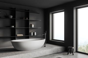Fototapeta na wymiar Grey bathroom interior with bathtub, shelf with decoration and window