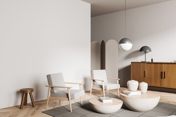 Light relax interior with armchair, coffee table, drawer and mockup wall