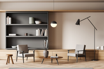Light living room interior with two chairs, shelf with decoration