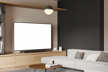Light living room interior with couch and tv set on drawer, mockup screen