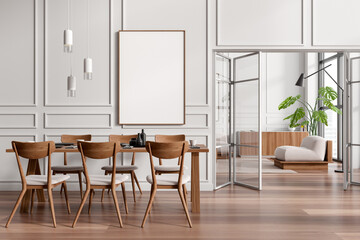 Modern dining room interior with eating table and seats, chill area. Mockup frame
