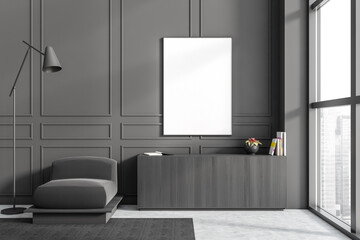 Modern relax interior with armchair and sideboard, window and mockup frame