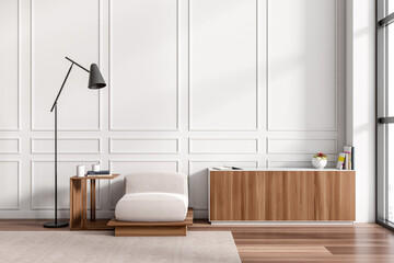 Light chill room interior with seat and wooden drawer near window. Empty wall.