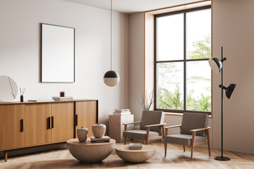 Modern relax interior with seats and drawer, panoramic window and mockup frame
