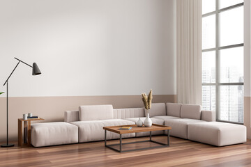 Modern relax interior with couch, panoramic window and copy space wall