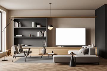 Living room interior with armchair and tv zone, shelf. Mockup screen