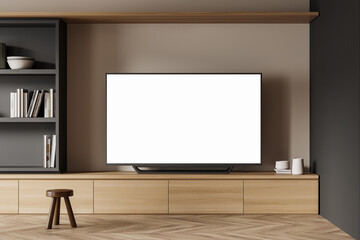 Living room interior with chair and tv set on drawer, mockup screen