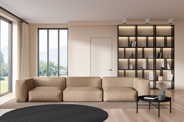 Light living room interior with sofa and coffee table, shelf and panoramic window