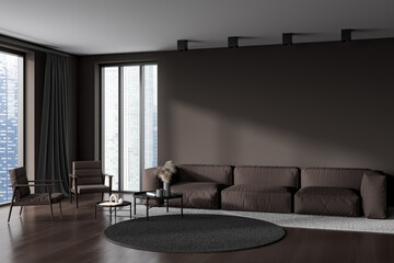 Fototapeta premium Modern relax room interior with couch and coffee table, copy space wall