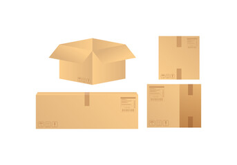 Carton delivery packaging open and closed box with fragile signs. Cardboard box mockup set.