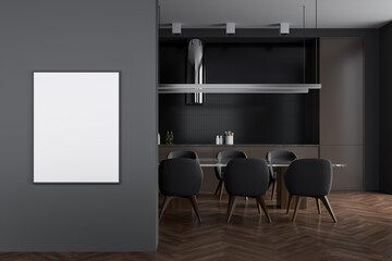 Kitchen interior with dining table on wooden floor, appliances. Mockup frame