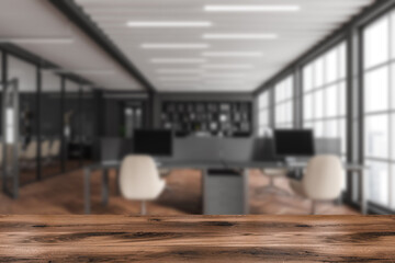 Wooden desk and office room interior with furniture and window, mockup