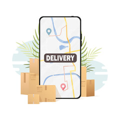 Express delivery concept. Lots of boxes and things, a phone with a map. Vector