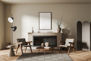 Lounge interior with armchairs, fireplace and coffee table, mockup frame